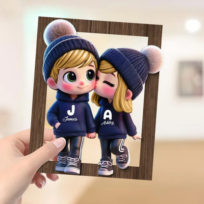 Cute Cartoon Couple Walking Personalized Wooden Plaque, Gift for him, Gift for her