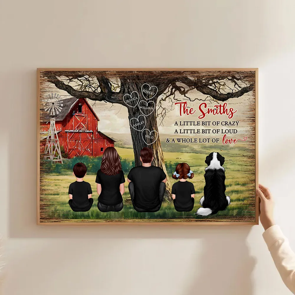 Personalized Family Sitting Back View Tree Farmhouse Poster, Wall Art Decor, Family Gift