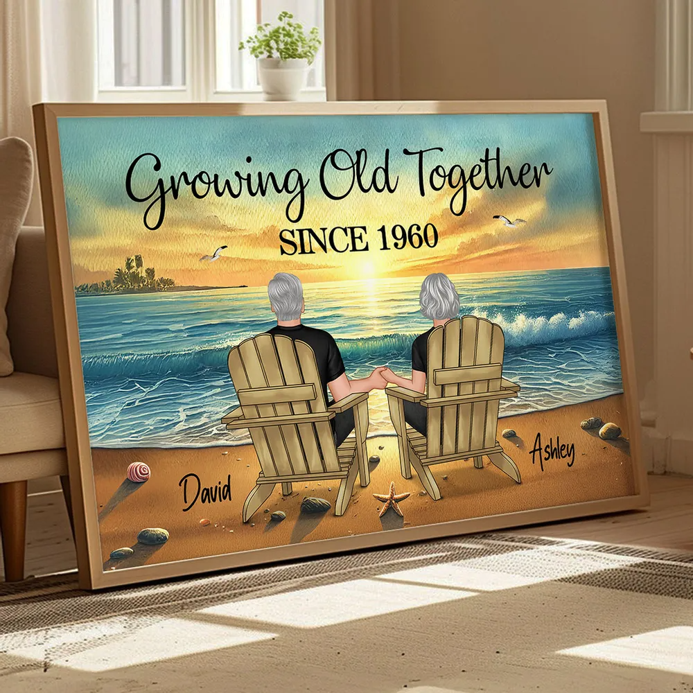 Old Couple Sitting Together Sunset Beach Landscape Personalized Poster, Heartfelt Gift For Couple, For Him, For Her, Husband, Wife