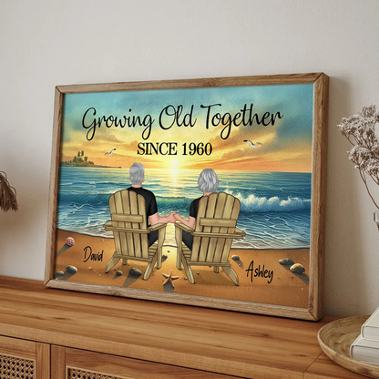 Old Couple Sitting Together Sunset Beach Landscape Personalized Poster, Heartfelt Gift For Couple, For Him, For Her, Husband, Wife