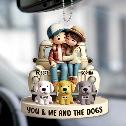 3D Effect Couple On Truck You Me And The Dog Cats Personalized Acrylic Car Hanger Ornament, Heartfelt 2025 Valentine's Day Gift For Couple, For Dog Lovers, Cat Lovers