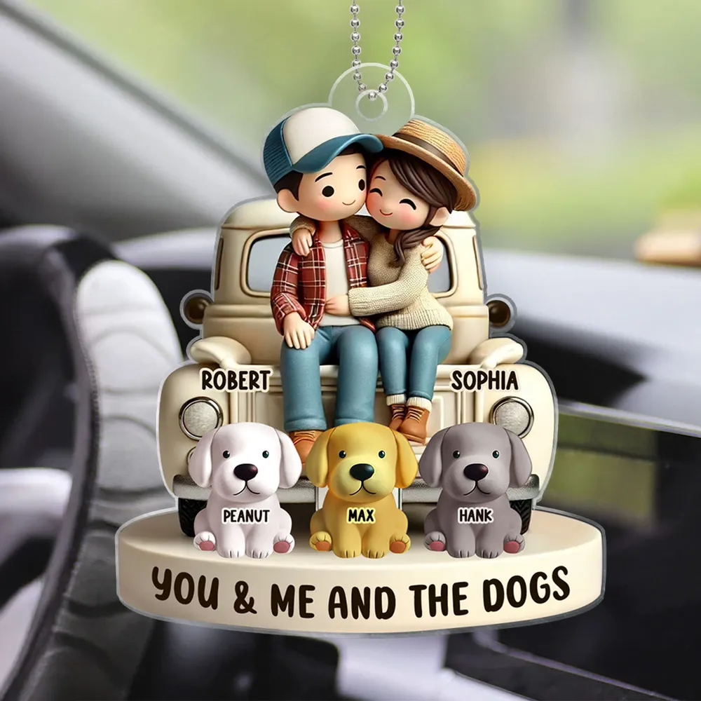 3D Effect Couple On Truck You Me And The Dog Cats Personalized Acrylic Car Hanger Ornament, Heartfelt 2025 Valentine's Day Gift For Couple, For Dog Lovers, Cat Lovers