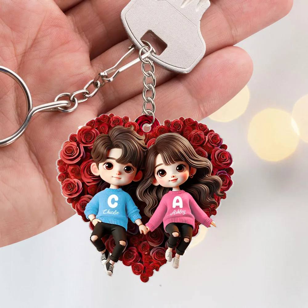 Cute Couple Lying On Rose Heart Personalized Acrylic Keychain, Gift for him, Gift for her