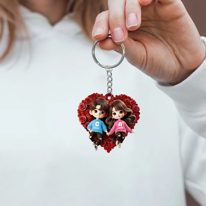 Cute Couple Lying On Rose Heart Personalized Acrylic Keychain, Gift for him, Gift for her