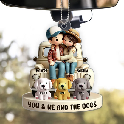 3D Effect Couple On Truck You Me And The Dog Cats Personalized Acrylic Car Hanger Ornament, Heartfelt 2025 Valentine's Day Gift For Couple, For Dog Lovers, Cat Lovers