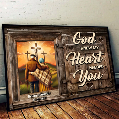 Cross God Knew My Heart Needed You Old Couple Walking Hugging Personalized Poster, Anniversary Valentine's Day Gift For Him, Her, Husband, Wife