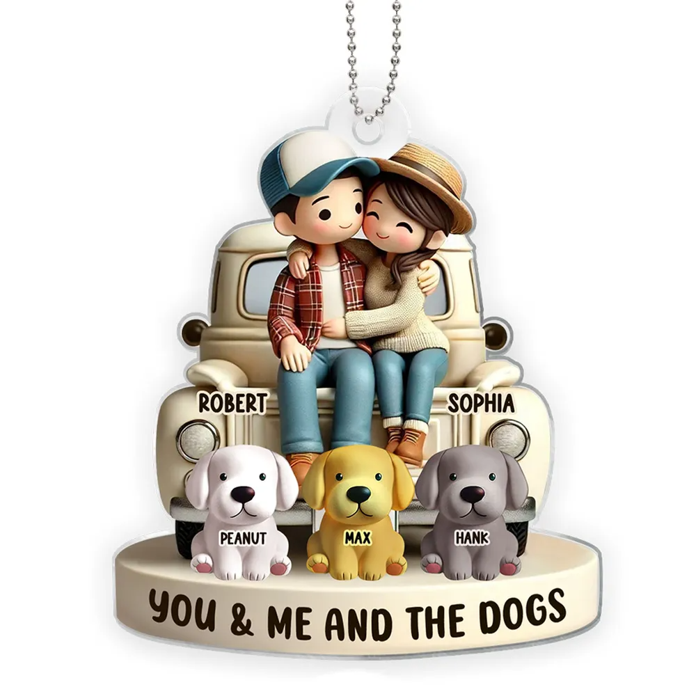 3D Effect Couple On Truck You Me And The Dog Cats Personalized Acrylic Car Hanger Ornament, Heartfelt 2025 Valentine's Day Gift For Couple, For Dog Lovers, Cat Lovers