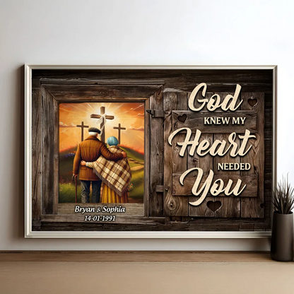 Cross God Knew My Heart Needed You Old Couple Walking Hugging Personalized Poster, Anniversary Valentine's Day Gift For Him, Her, Husband, Wife