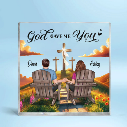 Cross God Knew My Heart Needed You Old Couple Sitting Together Personalized Acrylic Block Plaque, Anniversary Valentine's Day Gift For Him, Her, Husband, Wife