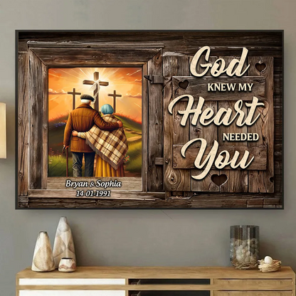 Cross God Knew My Heart Needed You Old Couple Walking Hugging Personalized Poster, Anniversary Valentine's Day Gift For Him, Her, Husband, Wife