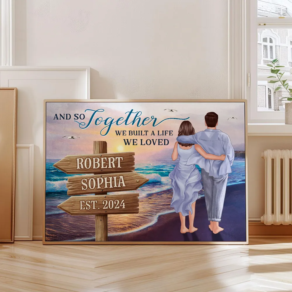 Couple Embracing And Walking On The Beach Personalized Poster, Heartfelt 2025 Valentine's Day Gift For Couple, For Him, For Her, Boyfriend, Girlfriend, Husband, Wife