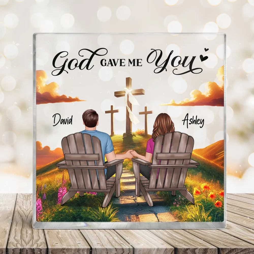 Cross God Knew My Heart Needed You Old Couple Sitting Together Personalized Acrylic Block Plaque, Anniversary Valentine's Day Gift For Him, Her, Husband, Wife