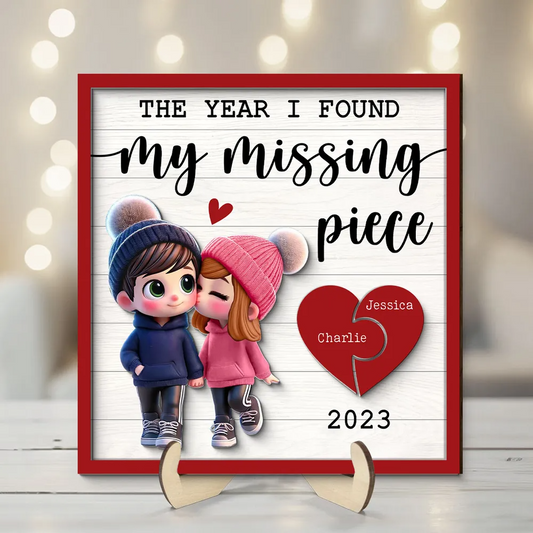 The Year I Found My Missing Piece Cute Couple Walking Personalized Wooden Plaque, Valentine's Day Gift for him, Gift for her