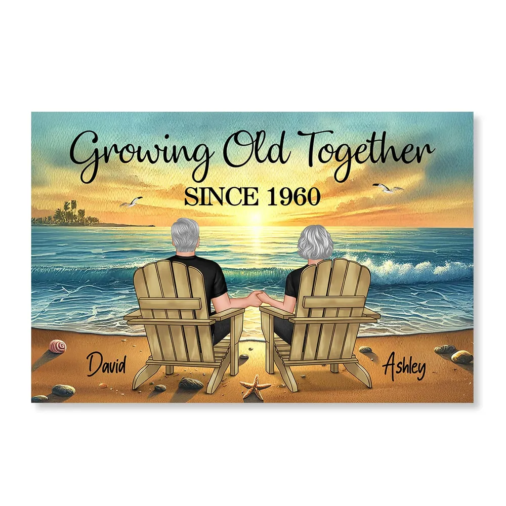 Old Couple Sitting Together Sunset Beach Landscape Personalized Poster, Heartfelt Gift For Couple, For Him, For Her, Husband, Wife