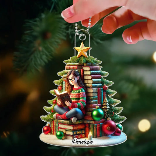 Book Christmas Tree Girl Sitting Acrylic Ornament, Personalized Book Christmas Tree Ornament, Christmas Gift For Book Lovers