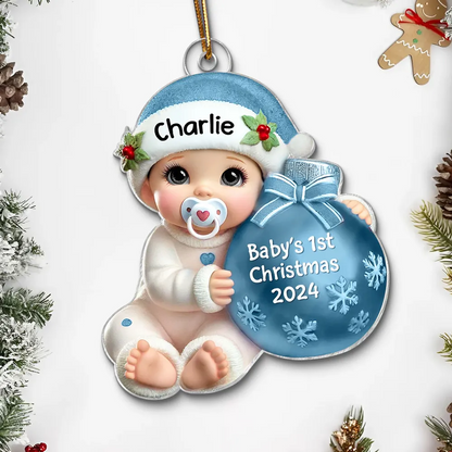 Baby Beside Christmas Bauble 3D Effect Baby's First Christmas Personalized Acrylic Flat Ornament