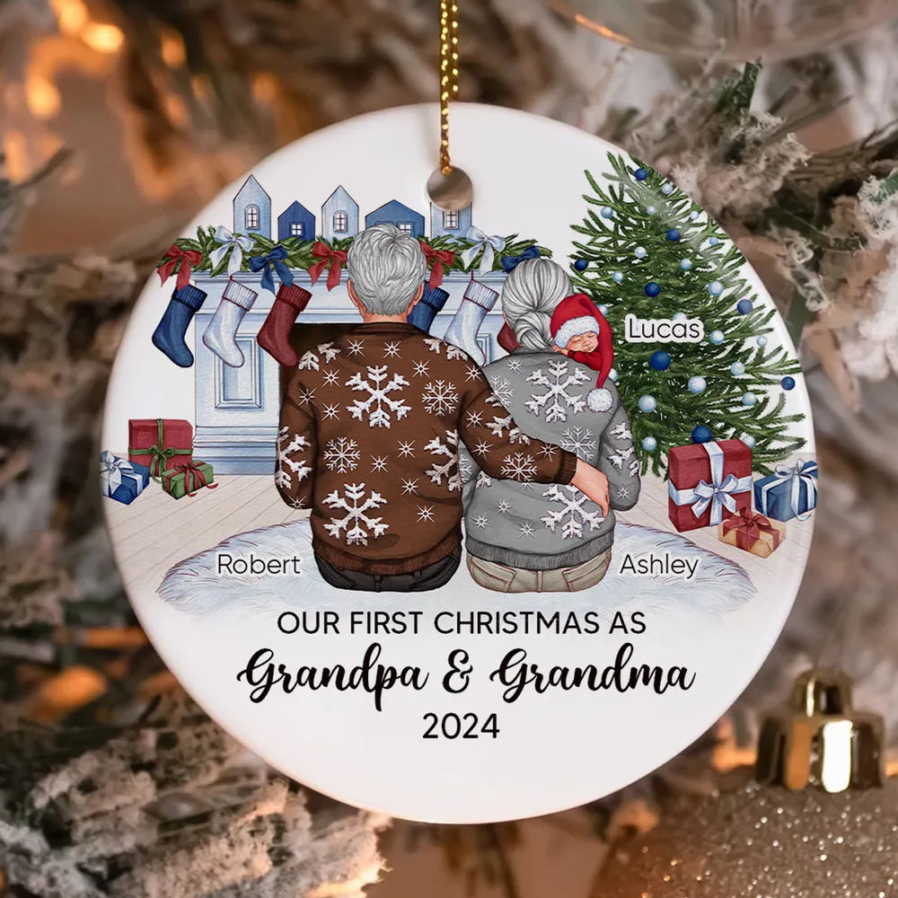 Our First Christmas As Grandma & Grandpa Personalized Circle Ornament