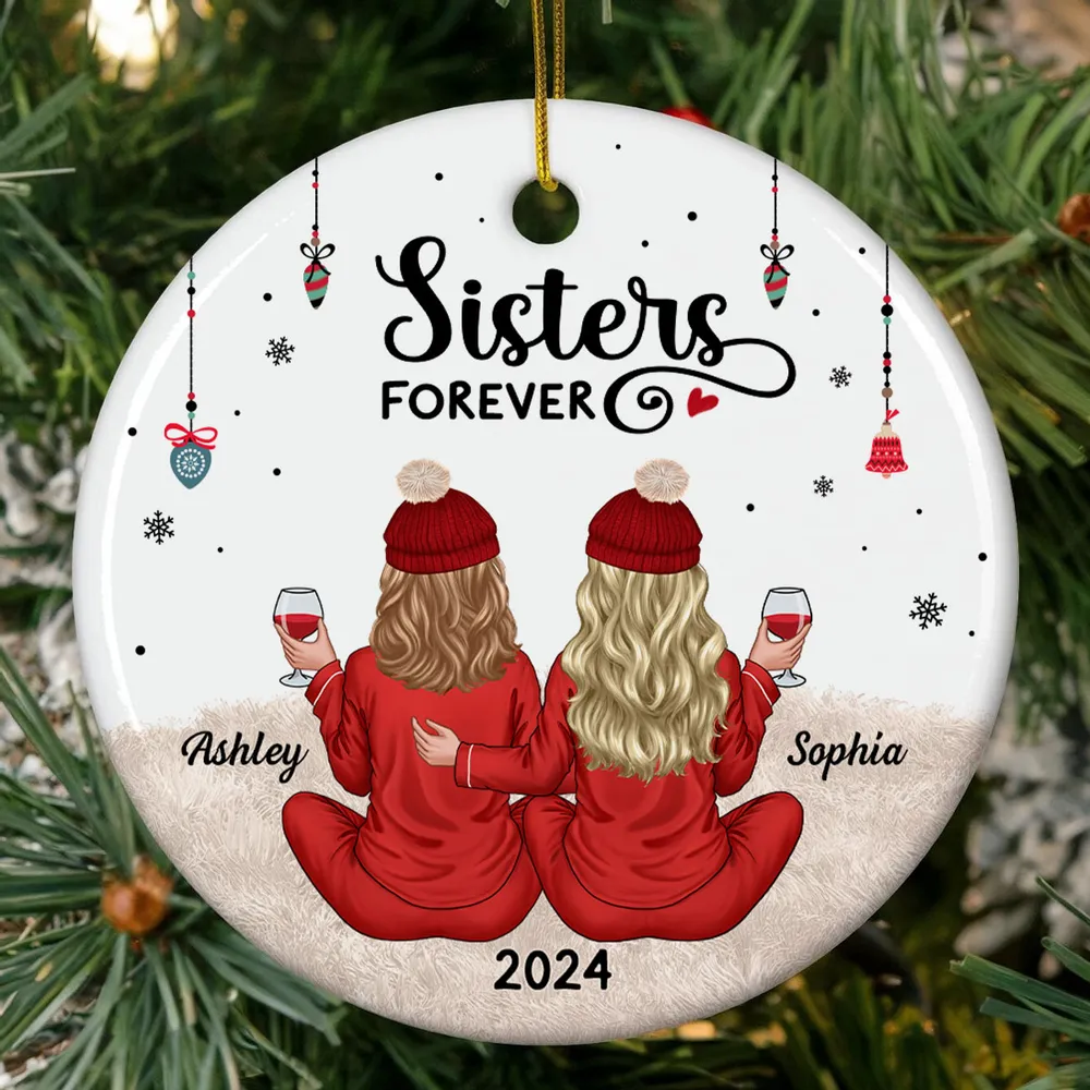 Back View Pajamas Sisters Forever Personalized Acrylic Ornament, Christmas Gift For Sisters