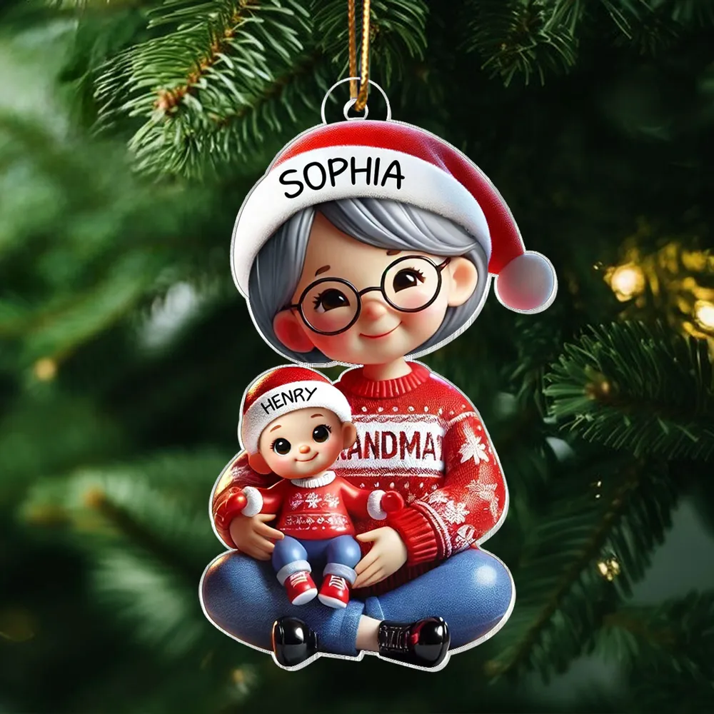 3D Effect Grandma Grandkids Sitting Crossed Legs Personalized Acrylic Ornament, Christmas Gift for Grandma, Granddaughter Grandson