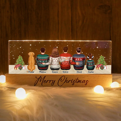 Merry Christmas Family Sitting Personalized Acrylic Block LED Night Light, Custom Family with Pets, Holidays Gift for Husband, Wife