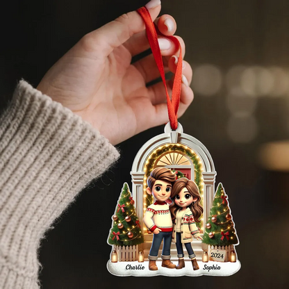 3D Effect Pretty Couple Standing On The Front Porch Personalized Acrylic Ornament, Unique Christmas Gift For Him For Her For The Couple