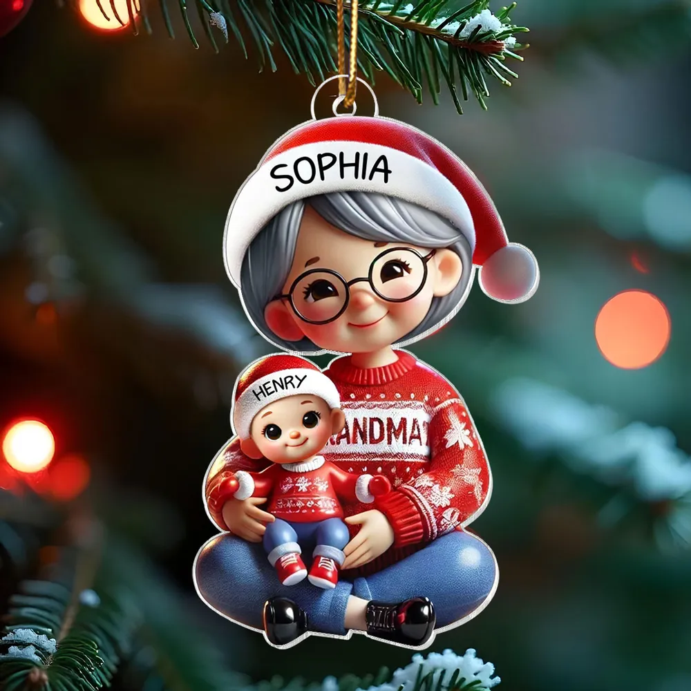 3D Effect Grandma Grandkids Sitting Crossed Legs Personalized Acrylic Ornament, Christmas Gift for Grandma, Granddaughter Grandson