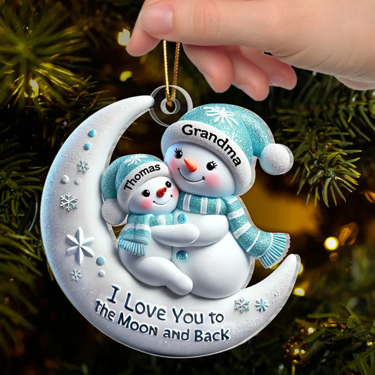 3D Effect Snowman Grandma & Hugging Grandkid On The Moon Personalized Acrylic Ornament, Christmas Gift For Granddaughter, Grandson