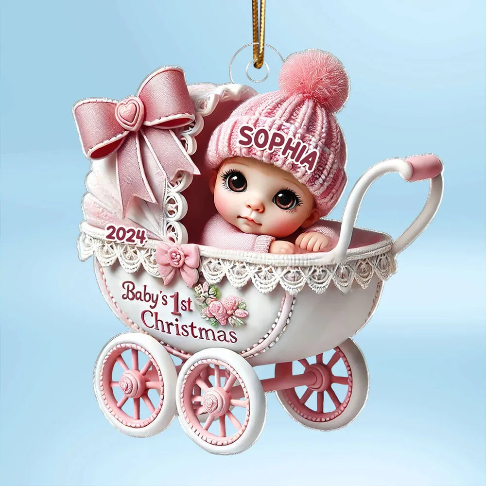 3D Effect Newborn Baby In Carriage Christmas Personalized Acrylic Ornament, Christmas Gift For Newborns, New Parents