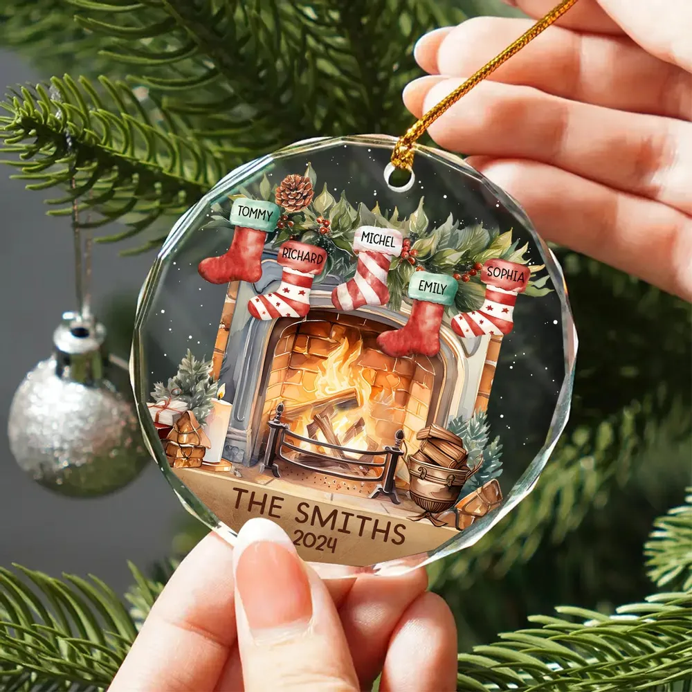 Vintage Christmas Stockings Fireplace Family Names Personalized Glass Ornament, Christmas Gift For Family