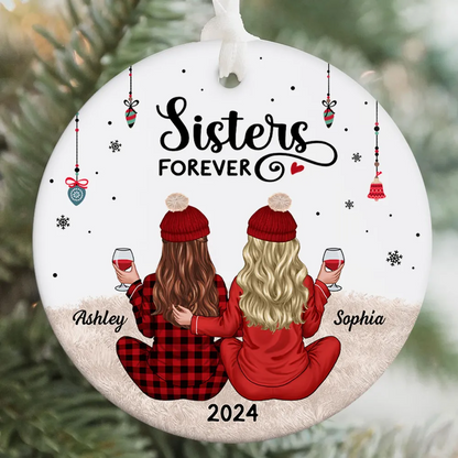 Back View Pajamas Sisters Forever Personalized Acrylic Ornament, Christmas Gift For Sisters