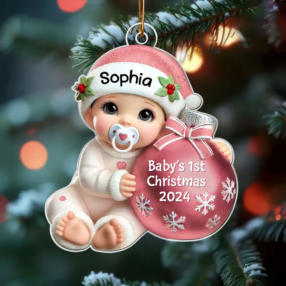 Baby Beside Christmas Bauble 3D Effect Baby's First Christmas Personalized Acrylic Flat Ornament