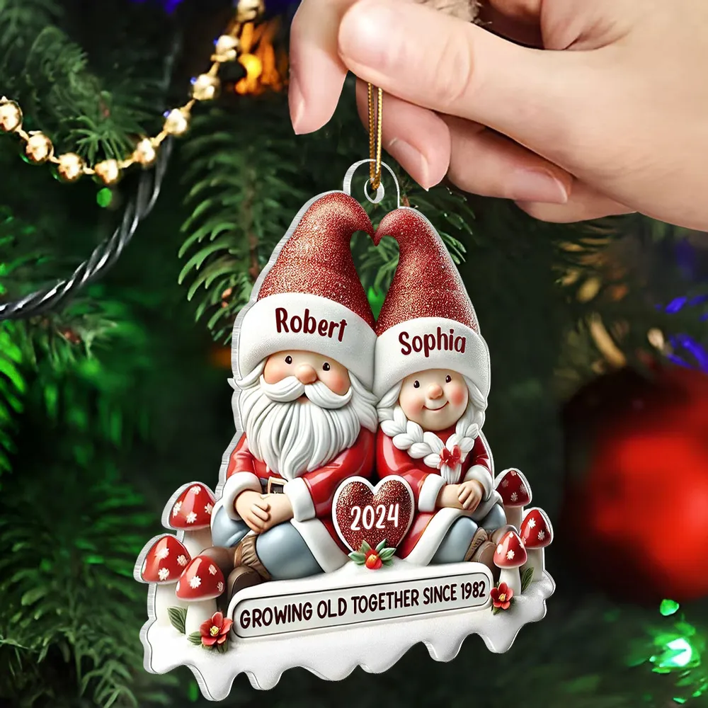 3D Effect Gnome Couple Personalized Acrylic Ornament, Christmas Gift For Him, For Her