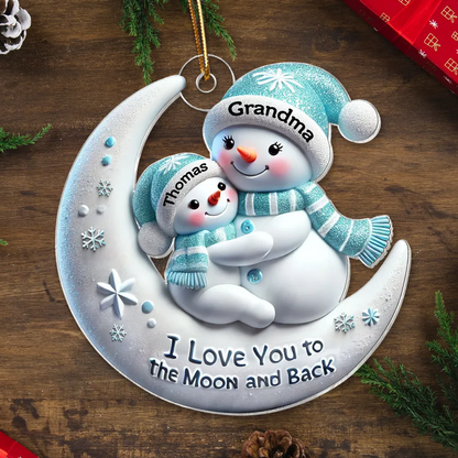 3D Effect Snowman Grandma & Hugging Grandkid On The Moon Personalized Acrylic Ornament, Christmas Gift For Granddaughter, Grandson