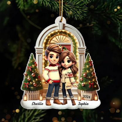 3D Effect Pretty Couple Standing On The Front Porch Personalized Acrylic Ornament, Unique Christmas Gift For Him For Her For The Couple