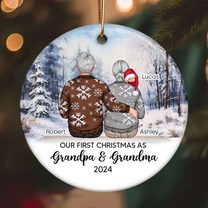 Our First Christmas As Grandma & Grandpa Personalized Circle Ornament