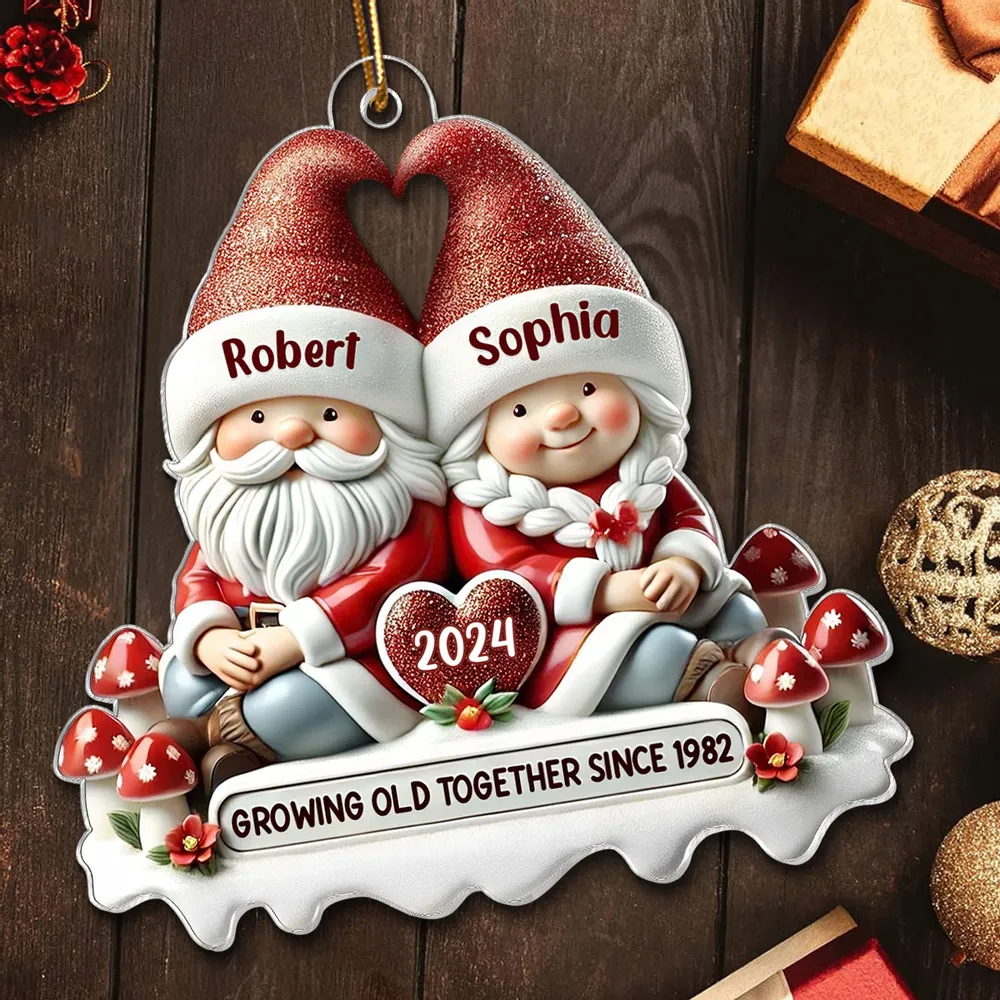 3D Effect Gnome Couple Personalized Acrylic Ornament, Christmas Gift For Him, For Her