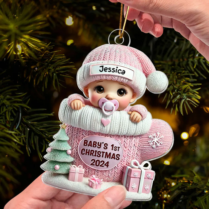 Baby In Mitten 3D Effect Baby's First Christmas Personalized Acrylic Flat Ornament