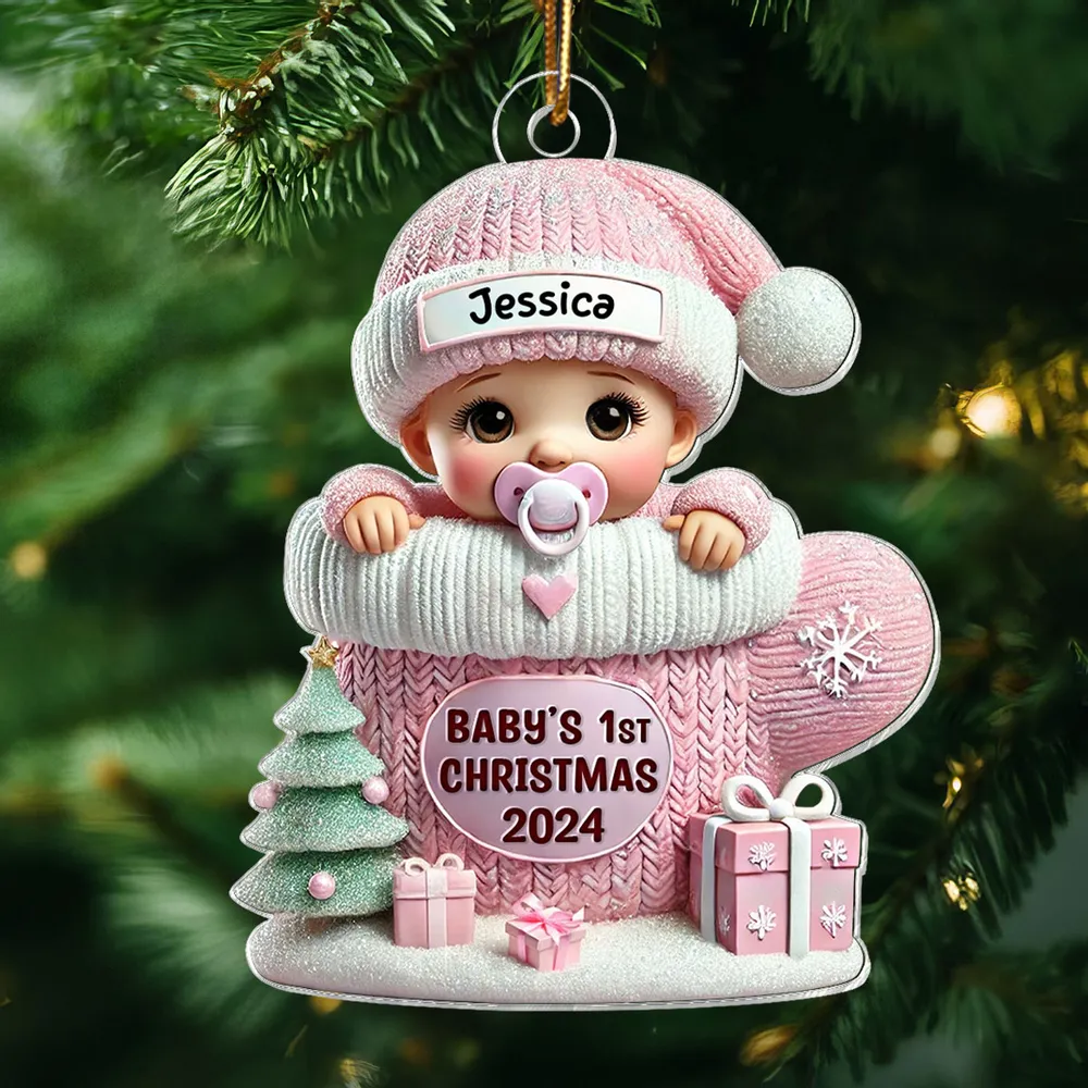 Baby In Mitten 3D Effect Baby's First Christmas Personalized Acrylic Flat Ornament