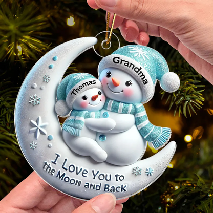 3D Effect Snowman Grandma & Hugging Grandkid On The Moon Personalized Acrylic Ornament, Christmas Gift For Granddaughter, Grandson