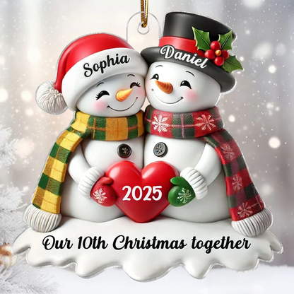 3D Effect Snowmen Couple Together Christmas Personalized Acrylic Ornament, Christmas Gift For Him, For Her