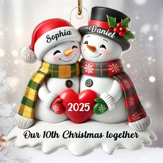 3D Effect Snowmen Couple Together Christmas Personalized Acrylic Ornament, Christmas Gift For Him, For Her
