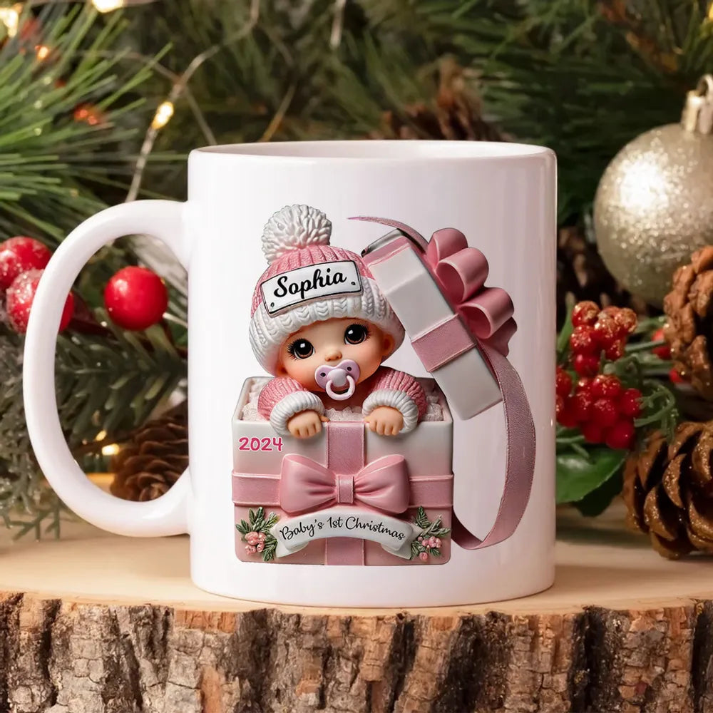 Baby Inside Gift Box 3D Effect Personalized Mug, Lovely Keepsake to Celebrate Baby's First Christmas