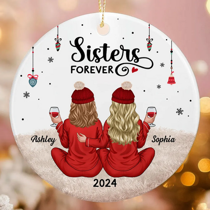 Back View Pajamas Sisters Forever Personalized Acrylic Ornament, Christmas Gift For Sisters