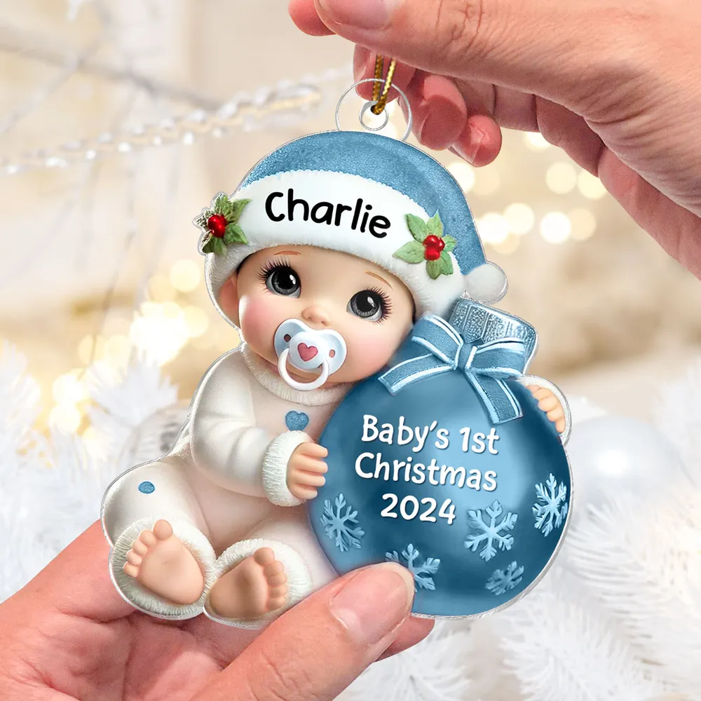 Baby Beside Christmas Bauble 3D Effect Baby's First Christmas Personalized Acrylic Flat Ornament