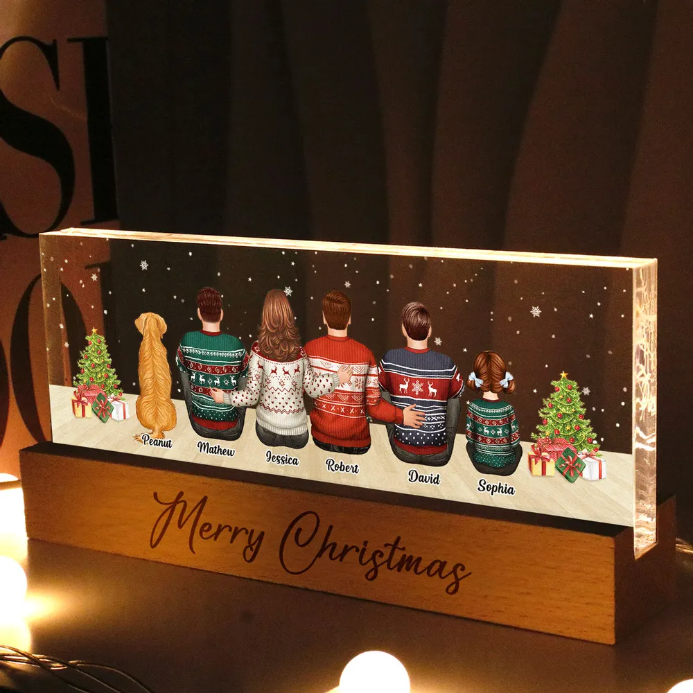 Merry Christmas Family Sitting Personalized Acrylic Block LED Night Light, Custom Family with Pets, Holidays Gift for Husband, Wife