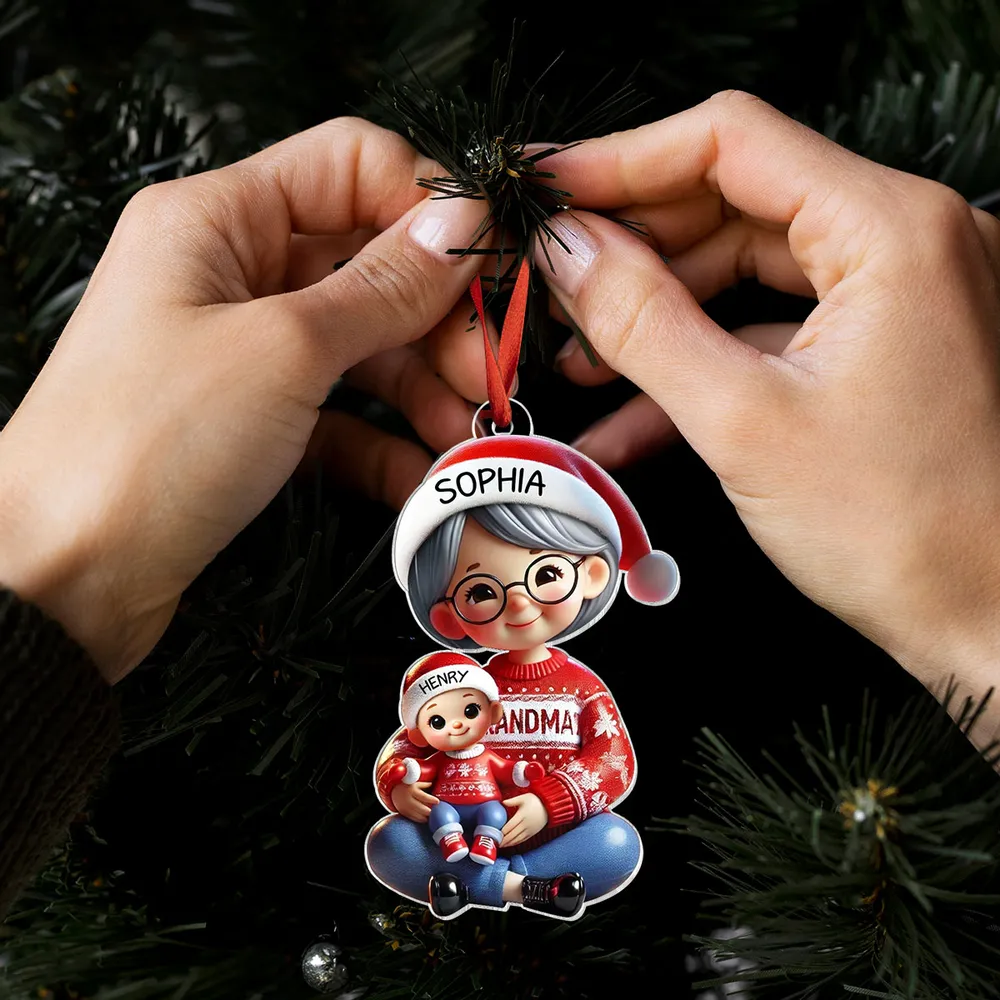 3D Effect Grandma Grandkids Sitting Crossed Legs Personalized Acrylic Ornament, Christmas Gift for Grandma, Granddaughter Grandson