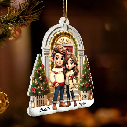 3D Effect Pretty Couple Standing On The Front Porch Personalized Acrylic Ornament, Unique Christmas Gift For Him For Her For The Couple