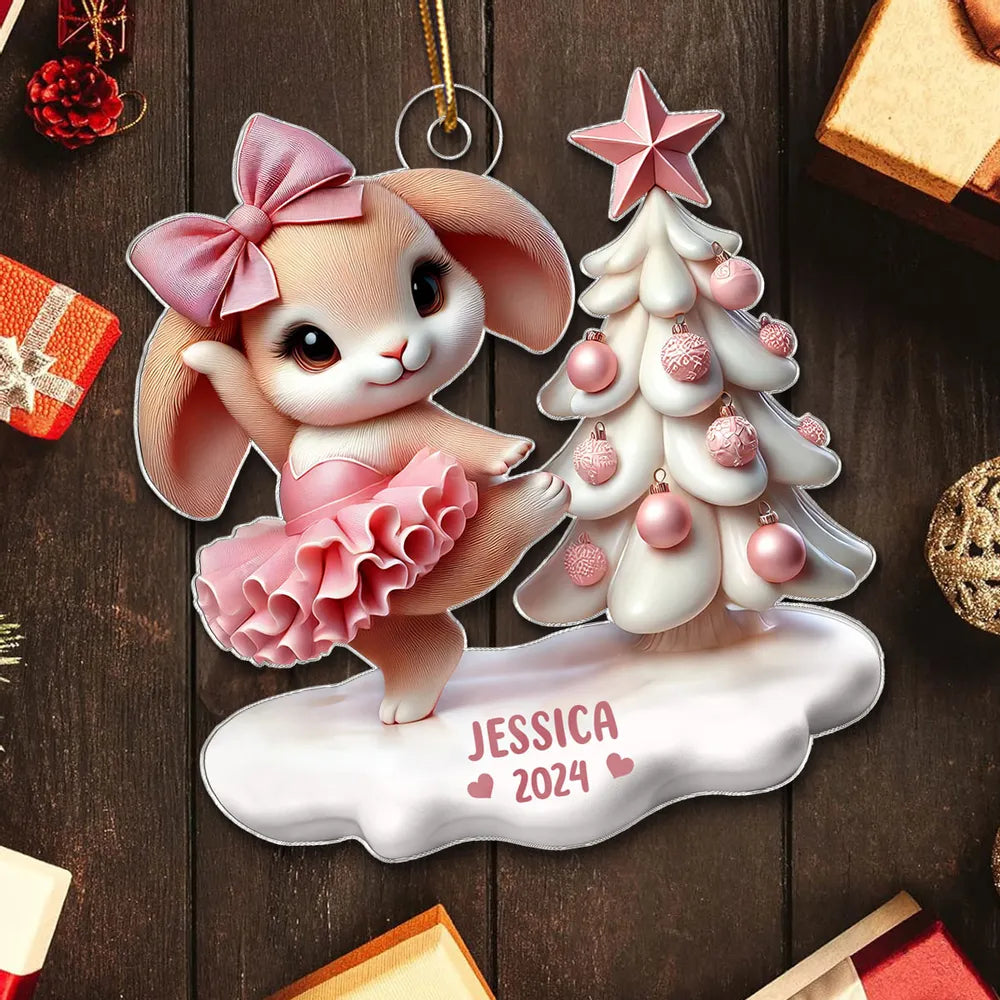 3D Effect Cute Bunny Girl Dancing Christmas Personalized Acrylic Ornament, Christmas Gift For Daughter, Granddaughter