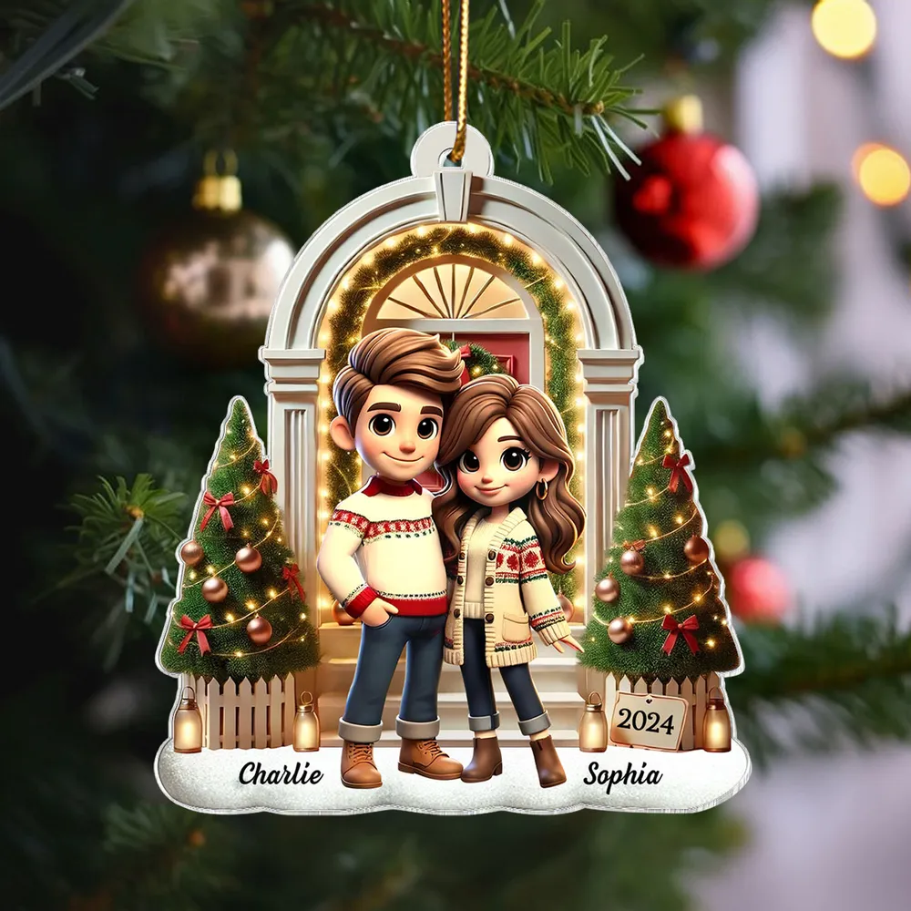 3D Effect Pretty Couple Standing On The Front Porch Personalized Acrylic Ornament, Unique Christmas Gift For Him For Her For The Couple