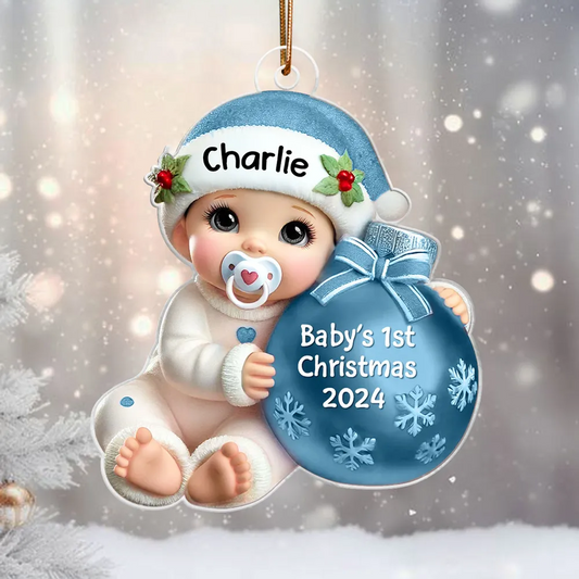 Baby Beside Christmas Bauble 3D Effect Baby's First Christmas Personalized Acrylic Flat Ornament